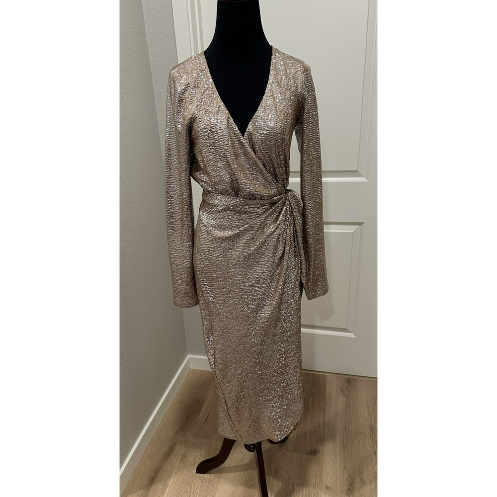 Show Me Your Mumu Small Tan SMYMM Confetti Sparkle Kimono Wrap Dress Gold Lame